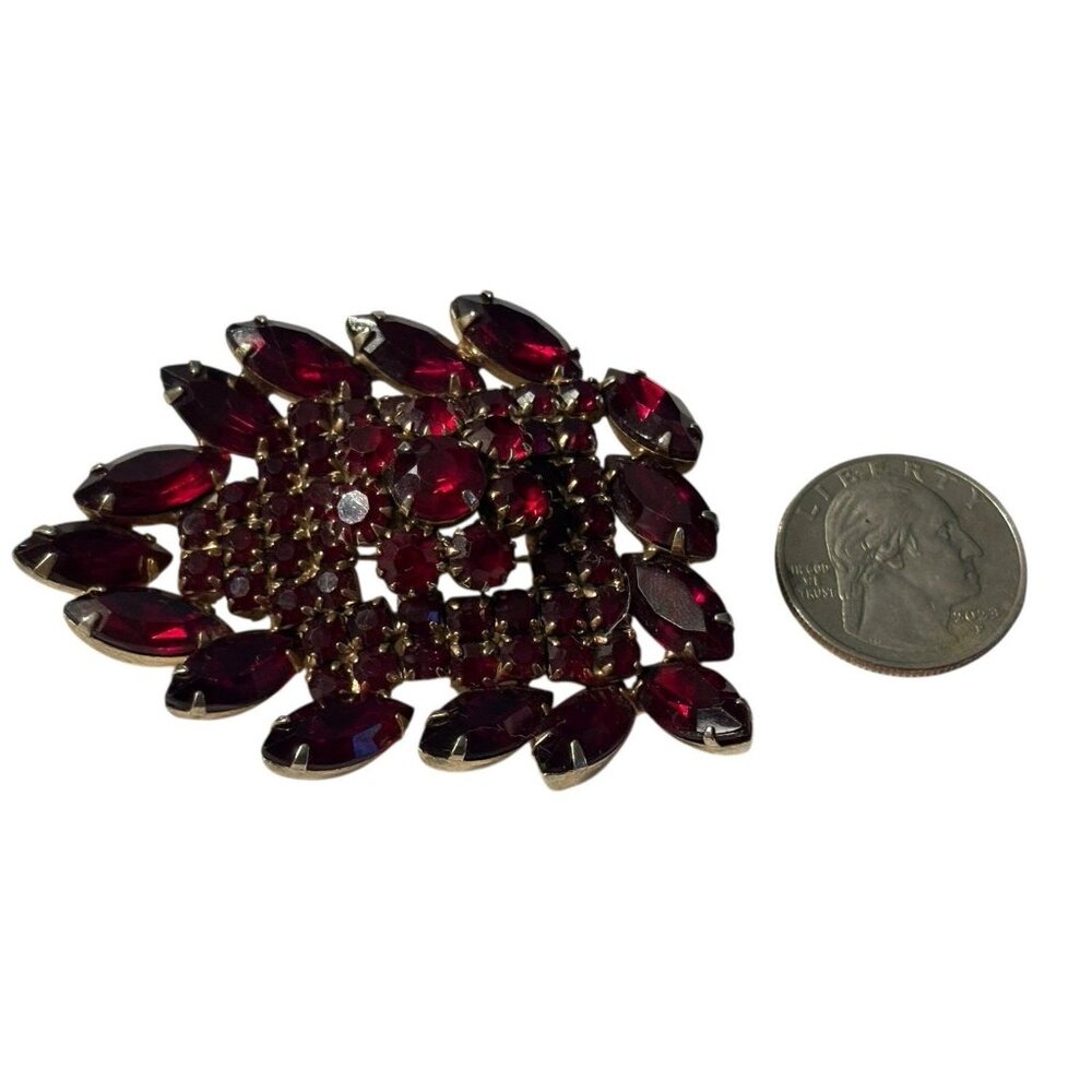 VTG Red Brooch Pin Navette and Round Rhinestone Gold Tone Large Statement Chunky - Picture 4 of 16